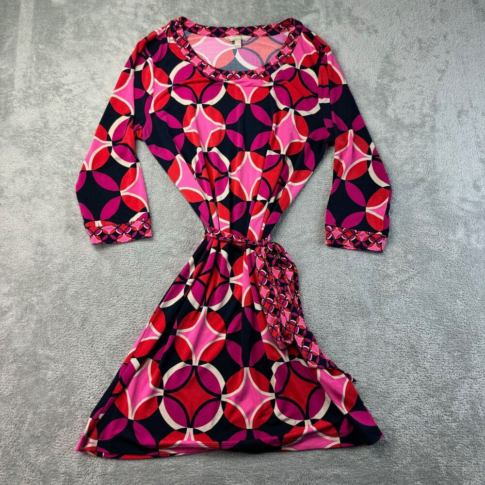 Banana Republic Dress Women's Large Pink Blue Geometric Tie Waist Sheath Stretch